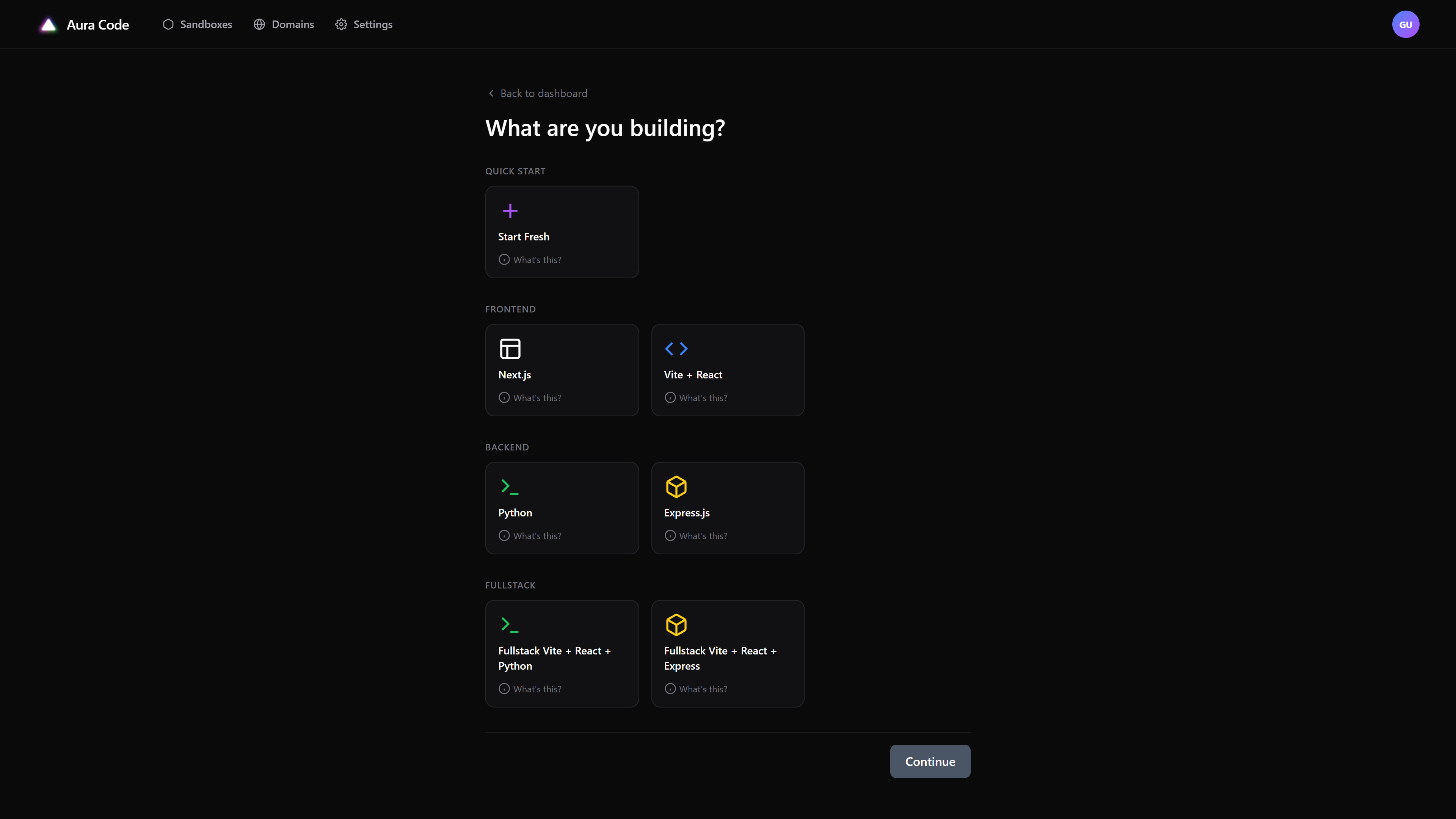 Aura Code Sandbox - Full terminal access with framework scaffolding